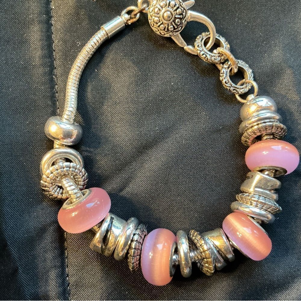 Elegant Silver and Pink Glass Bead Charm Bracelet